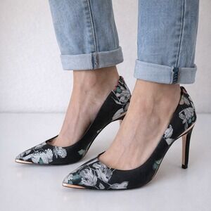 Ted Baker Kawaap Floral Print Stiletto Heels Black Rose Gold Butterfly Sz 7